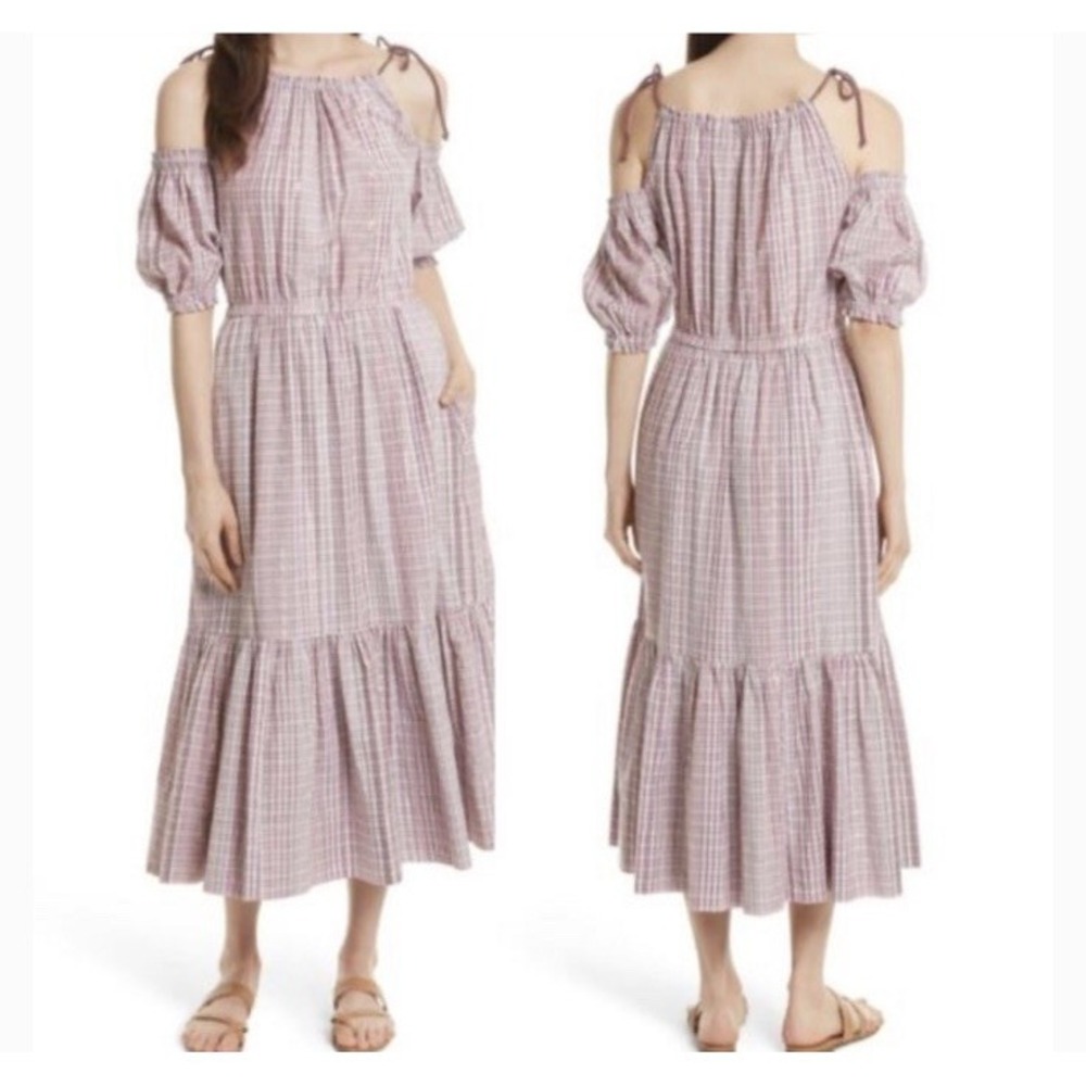 La Vie Rebecca Taylor Lurex Metallic Plaid Midi Dress L Pink Cold Shoulder